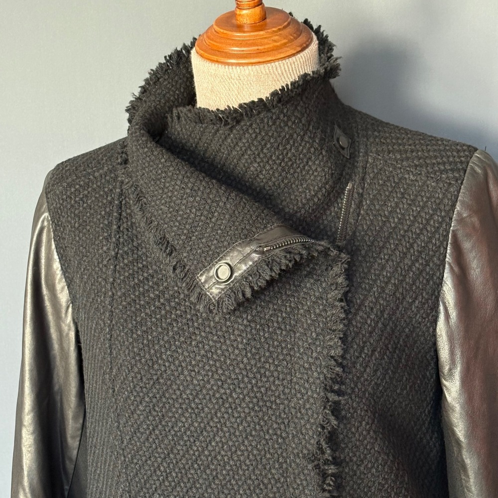 Vince Asymmetric Bouclรฉ Moto Jacket | Lamb Leather Sleeves | Size Small | Black